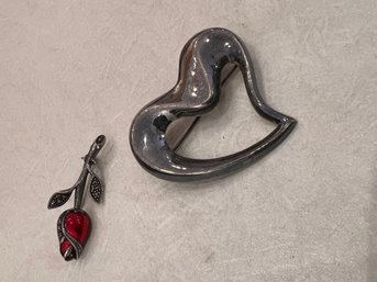 2 Sterling Silver Brooches, Heart And Rose With Enamel And Marcasite